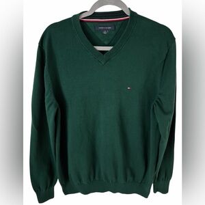 Tommy Hilfiger Green V-Neck Sweater | 100% Cotton | Classic Flag Logo